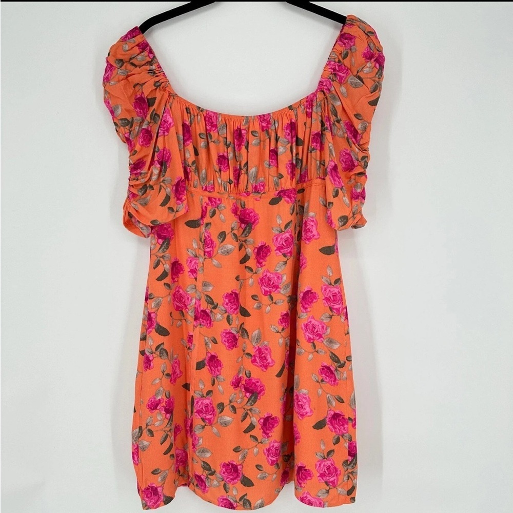 Wayf Orange Floral Mini Dress with Pink Roses